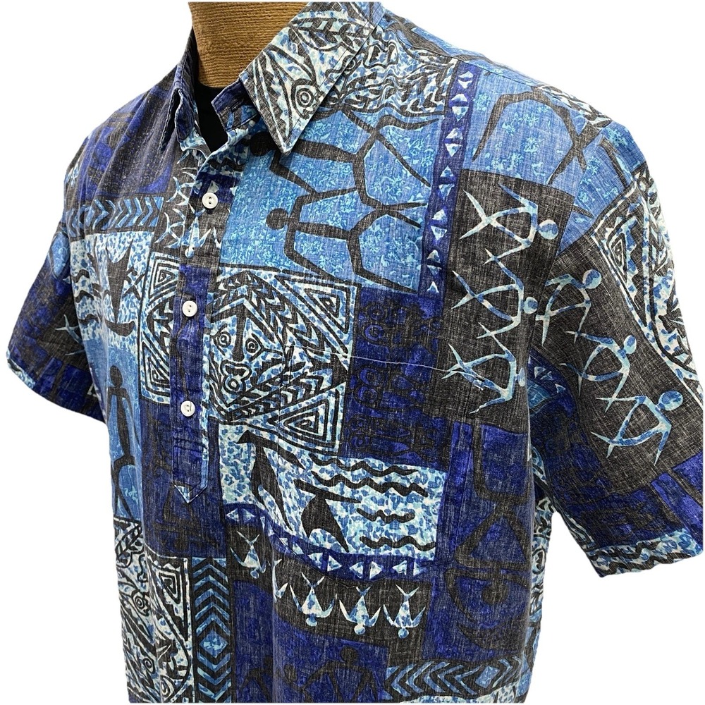Nui Nalu Hawaiian Shirt Mens XL Popover 1/4 Button USA Island Tapa Print Blue‎